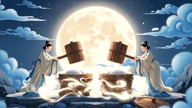 Two Women Carrying Crates Under Full Moon.