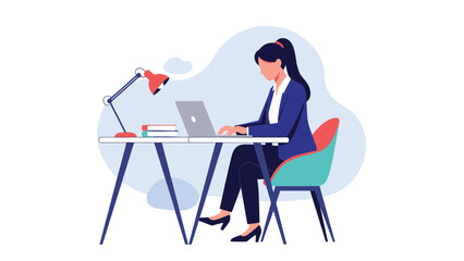 Fototapeta premium Professional woman sitting at a desk with a lamp and books while working diligently on her laptop against a soft backdrop.