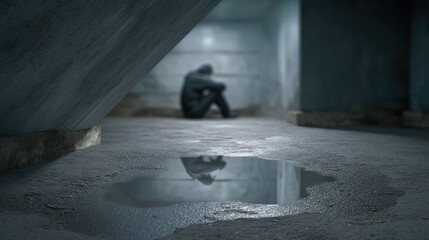 Feeling stuck inside a shabby basement , dim lighting, muted colors, oppressive loneliness, mysterious visual metaphor of a figure reflected in water puddle, cinematic composition, gritty textures,