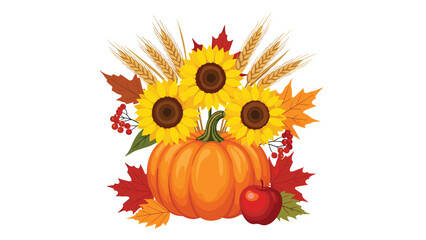 Festive autumn harvest arrangement featuring a large orange pumpkin, bright sunflowers, a red apple, and colorful maple leaves.