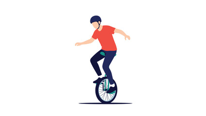 Energetic young man wearing a helmet and a red shirt skillfully balancing while riding a unicycle on a flat ground.