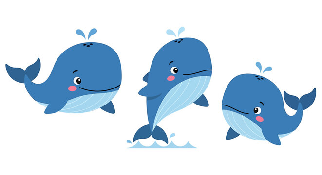Three Cartoon Whales Swimming in Water. Vector Illustrations. EPS Editable