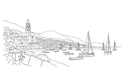 Fototapeta premium Scenic line art illustration of a Mediterranean coastal town with sailboats in the bay and beach umbrellas along the shore.