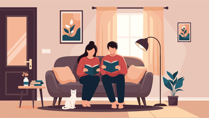 Fototapeta premium Cozy scene of a young couple sitting together on a comfortable sofa while reading books in their warm living room.
