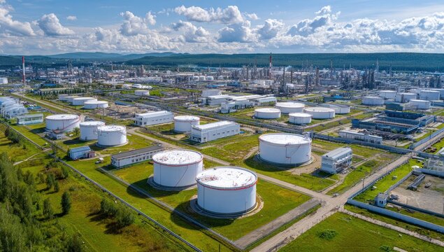 Aerial view of a large industrial oil and gas refinery complex.