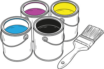 CMYK paint cans and brush line art vector illustration for printing design