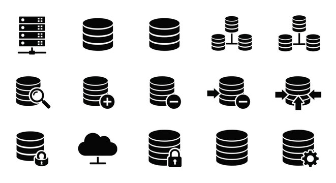Collection of database icons representing various data storage and management concepts from a straightforward viewpoint