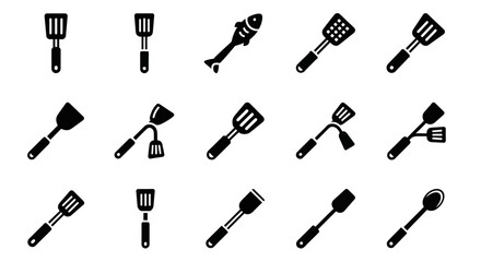 Collection of various kitchen utensils displayed in a grid pattern on a clean white background