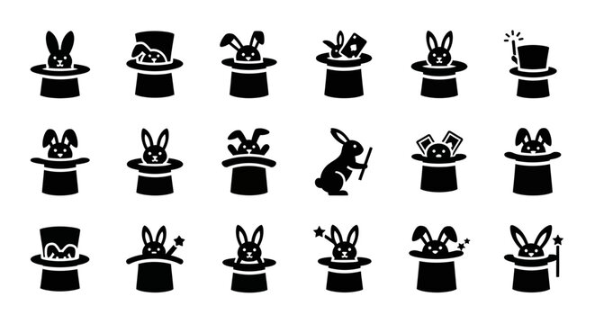 Various rabbit illustrations emerging from top hats in a grid pattern, showcasing different poses and actions in a simple black and white style