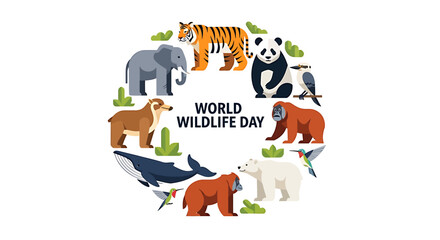 Fototapeta premium World Wildlife Day Celebration with Diverse Animals in Circular Arrangement. Vector Illustrations. EPS Editable