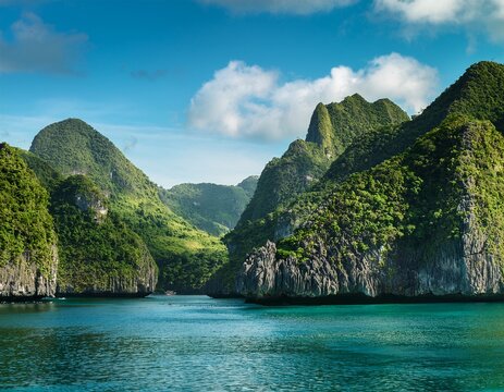 beautiful green limestone mountains in halon bay