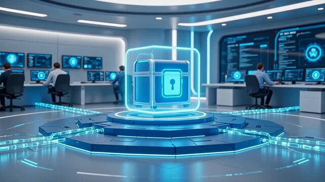 Enterprise cybersecurity server with shield icon in SOC room, symbolizing data protection, threat monitoring, and secure digital infrastructure.