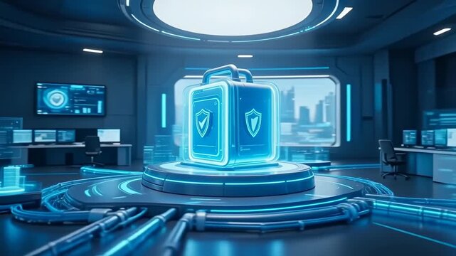 Enterprise cybersecurity server with shield icon in SOC room, symbolizing data protection, threat monitoring, and secure digital infrastructure.