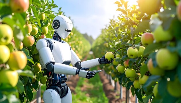 A white robot harvests apples in a sunny orchard, with rows of trees stretching into the distance. The bot examines fruit