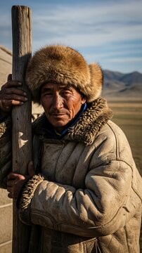 Elderly Mongolian Nomad Man in Traditional Fur Hat and Sheepskin Deel Coat