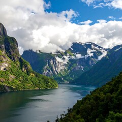 A scenic view of a majestic fjord surrounded by towering mountains and lush greenery under a cloudy sky