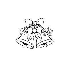 Classic Black and White Christmas Bells Illustration with Festive Bow and Holly &ndash; Timeless Holiday Vector Graphic for Seasonal Designs