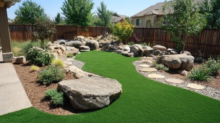 Serene Landscape with Artificial Turf, Natural Rocks, Lush Greenery and Tranquil Water Feature in a Residential Backyard Setting