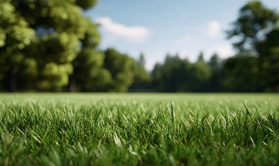 a football field at eye level, captured in a bright and sunny atmosphere