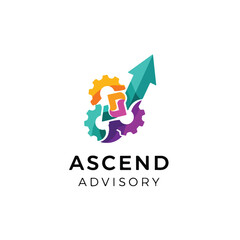 Colorful logo featuring gears, an arrow, and stylized shapes