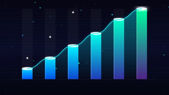Glowing gradient bar chart with an ascending line graph visualizing positive business growth, financial success, and data trends in a futuristic digital environment.