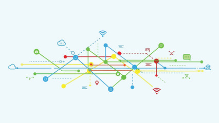 Colorful network illustration with lines, icons, and connection nodes