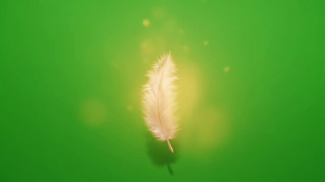 Delicate feather floats magically in soft glowing light against a vibrant green background