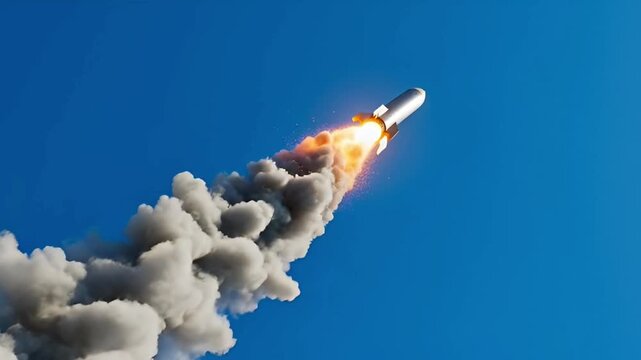 Blue burning candle floating in the sky with white clouds and soft smoke on a blue background creating an abstract atmosphere like factory steam in nature. rocket launch at the exact moment 