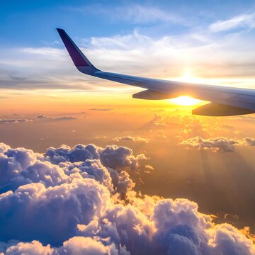 A serene aerial view of an airplane wing soaring through clouds at sunset