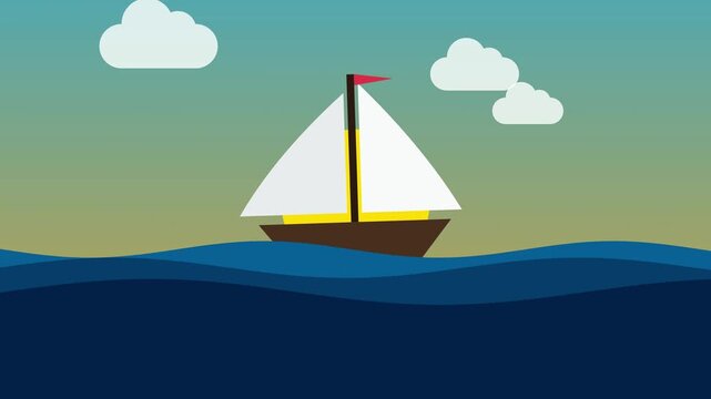Flat design sailboat on ocean waves at sunset. 4K Video