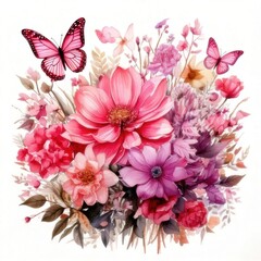 A vibrant watercolor bouquet of pink and purple flowers accompanied by two pink butterflies on a white background.