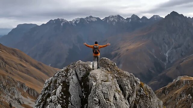 A person standing on a mountain peak with arms open wide, celebrating nature's beauty. Surrounded by majestic mountains, the image captures the thrill of adventure and freedom.