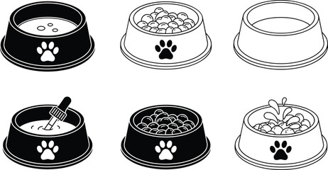 Set of pet food and water bowl icons featuring solid black and line art designs with kibble water splashes and medicine dropper for veterinary care © MdMeherul