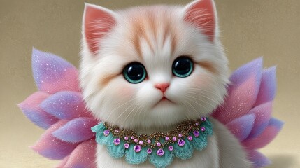 Enchanted Fantasy Cat Illustration in Soft Pastel Colors, Fantasy Pet Illustration