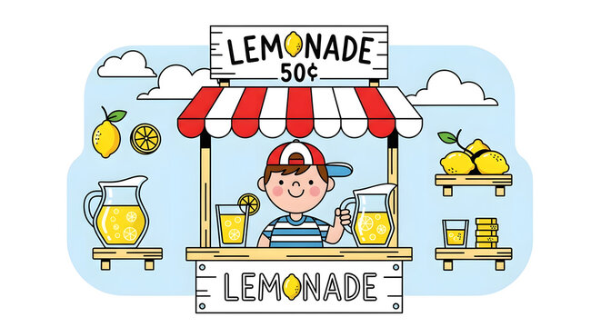 A cheerful young boy wearing a striped shirt and cap selling fresh lemonade at a wooden stall with red and white striped awning