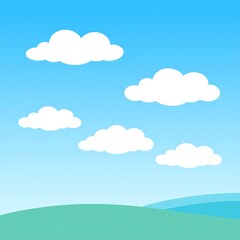 Obraz premium Simple, cartoon landscape with fluffy white clouds against a gradient blue sky and green grassy hills below