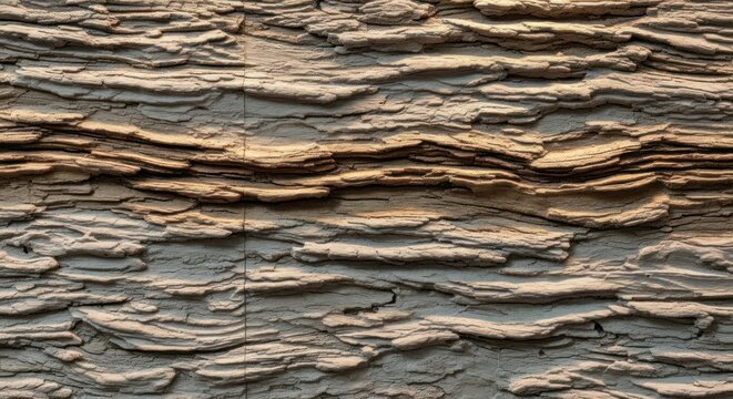 A close-up of layered sedimentary rock with varying shades of brown and beige, showcasing natural geological patterns.