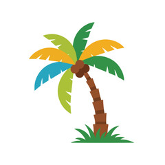 Colorful palm tree illustration with grass, on a white background