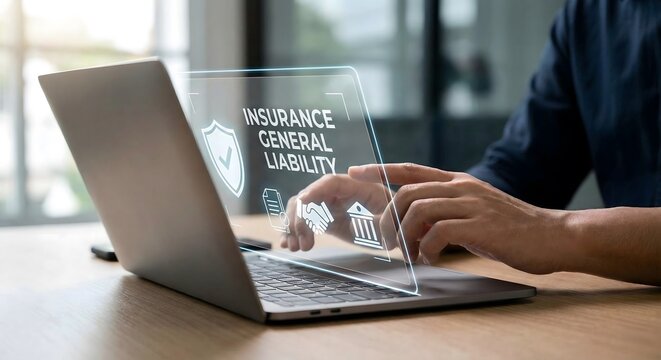 General liability insurance hologram on laptop screen