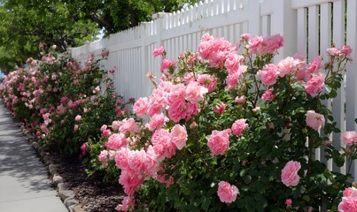 In the spring garden, a large patch of bright pink roses blooms beside the white fence, with vines gently twining and flowers layered upon each other