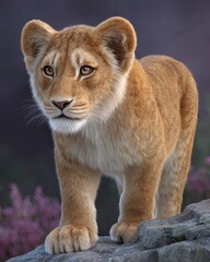 Obraz premium Fantasy Pet Illustration, Fantasy Illustration of a Lion Cub on a Stone