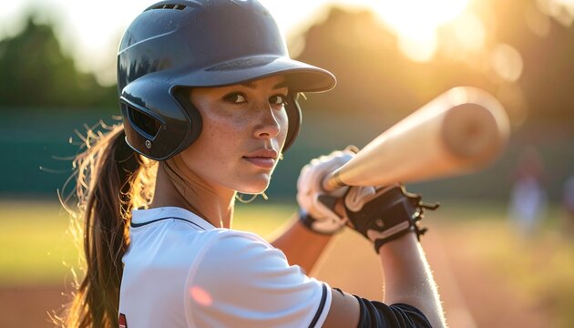 A woman in a baseball helmet and uniform grips a wooden bat, looking intensely towards the camera. Warm sunlight bathes her face and the outfield