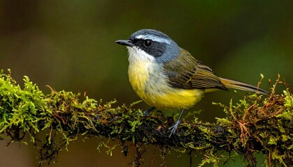 Obraz premium A small bird with yellow chest and gray head perched on a mossy branch