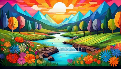 a vibrant serene landscape with a river lush greenery and colorful flowers in a blocky style