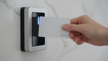 Employee scanning id badge at a secure access control system for entry, illustrating a modern security technology concept