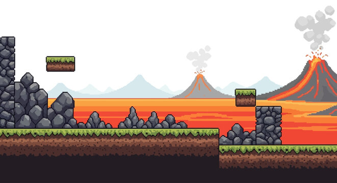 Retro Pixel Art Lava Volcano Landscape Platformer Level