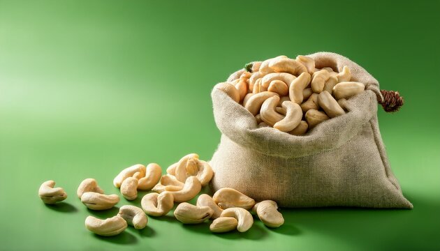 organic cashews in sac on green background with copy space