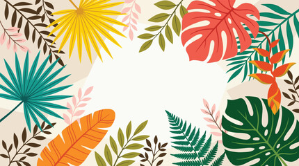 Vibrant tropical leaves and exotic flowers frame with copy space