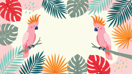 Pink Cockatoo Parrots Perched on Branches with Tropical Leaves Frame Vector Illustration