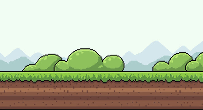 Green Pixel Art Side Scrolling Game Landscape with Bushes